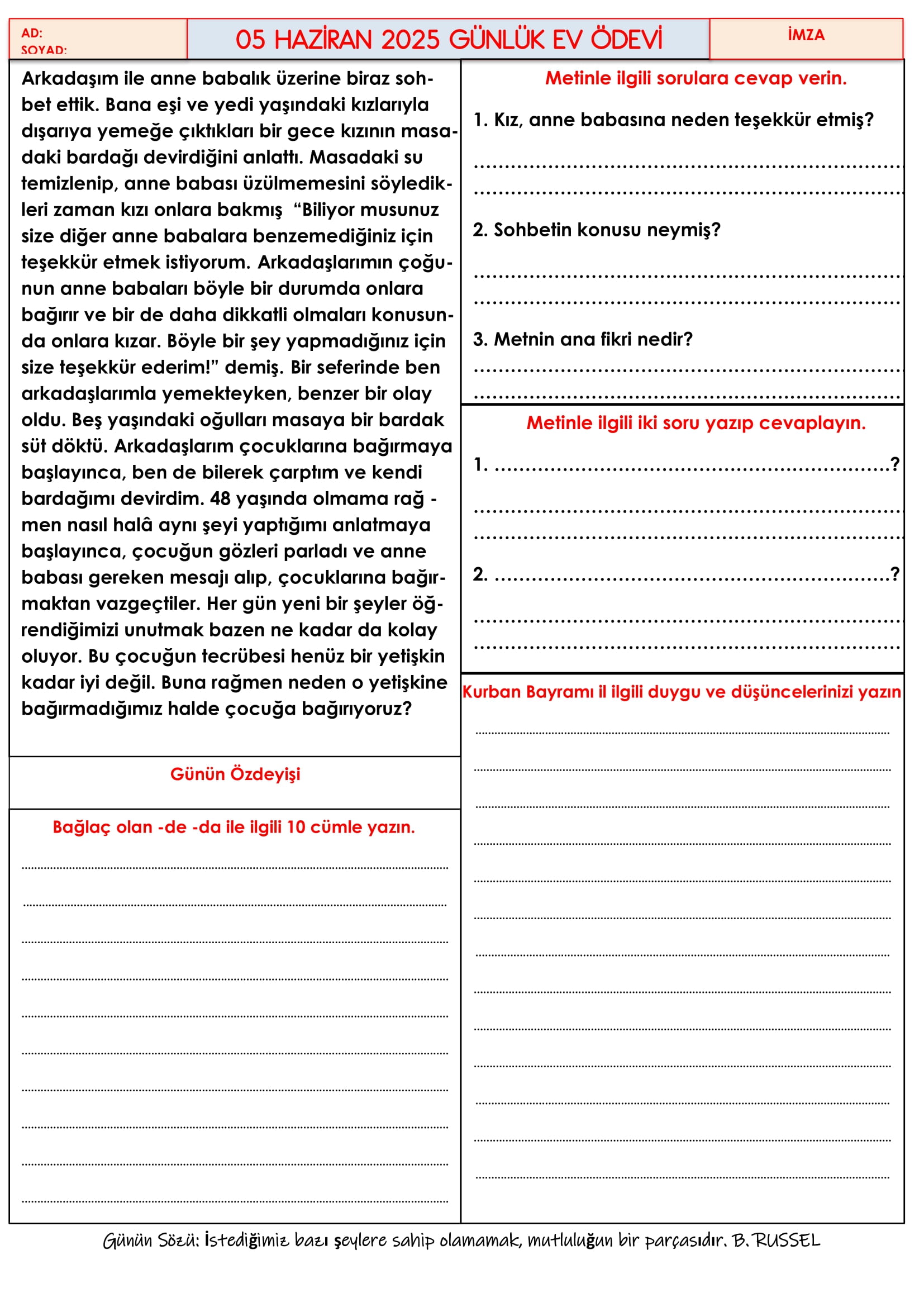 4. Sınıf 05 Haziran 2025 Günlük Ev Ödevi
