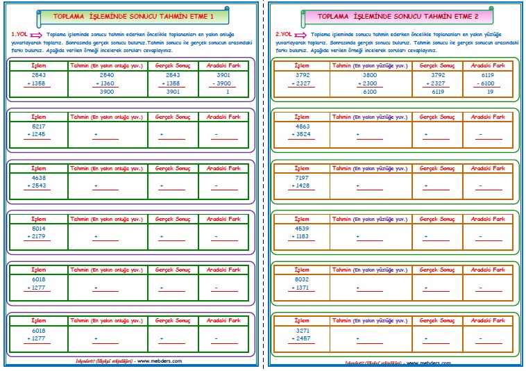 4. Sınıf Matematik Toplama İşleminde Sonucu Tahmin Etme (2 sayfa)
