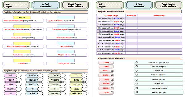 4. Sınıf Matematik Doğal Sayıları Okuma Yazma Etkinliği 3