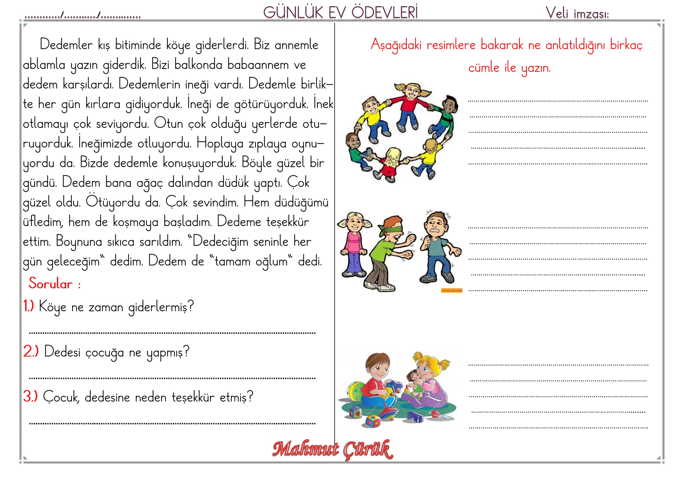 1. Sınıf - 29 Nisan 2026 Günlük Ev Ödevleri