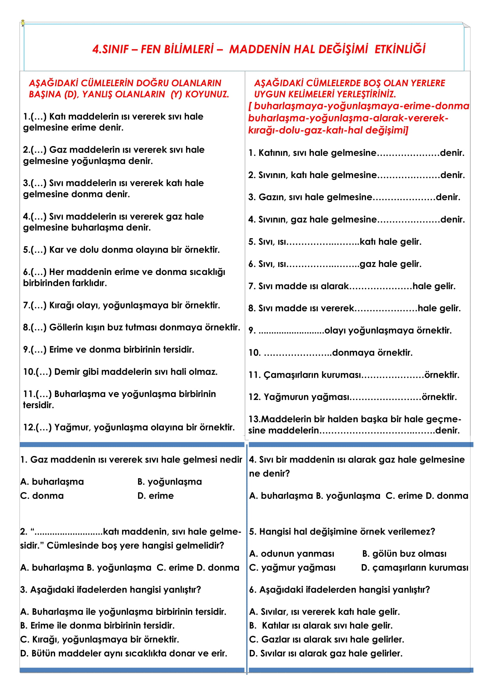 4. Sınıf Fen Bilimleri Maddenin Hal Değişimi Etkinliği