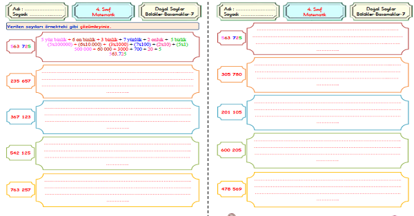 4. Sınıf Matematik Doğal Sayılarda Çözümleme Etkinliği 3