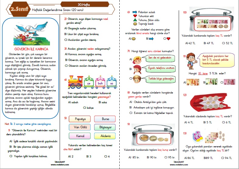 2. Sınıf Haftalık Değerlendirme Testi - 30.Hafta (25-29 Nisan)