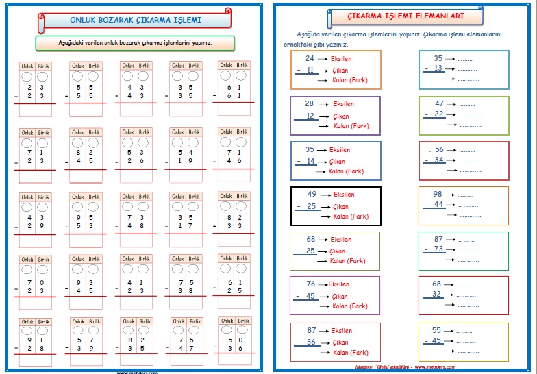2. Sınıf Matematik Çıkarma İşlemi Çalışmaları (9 Sayfa)