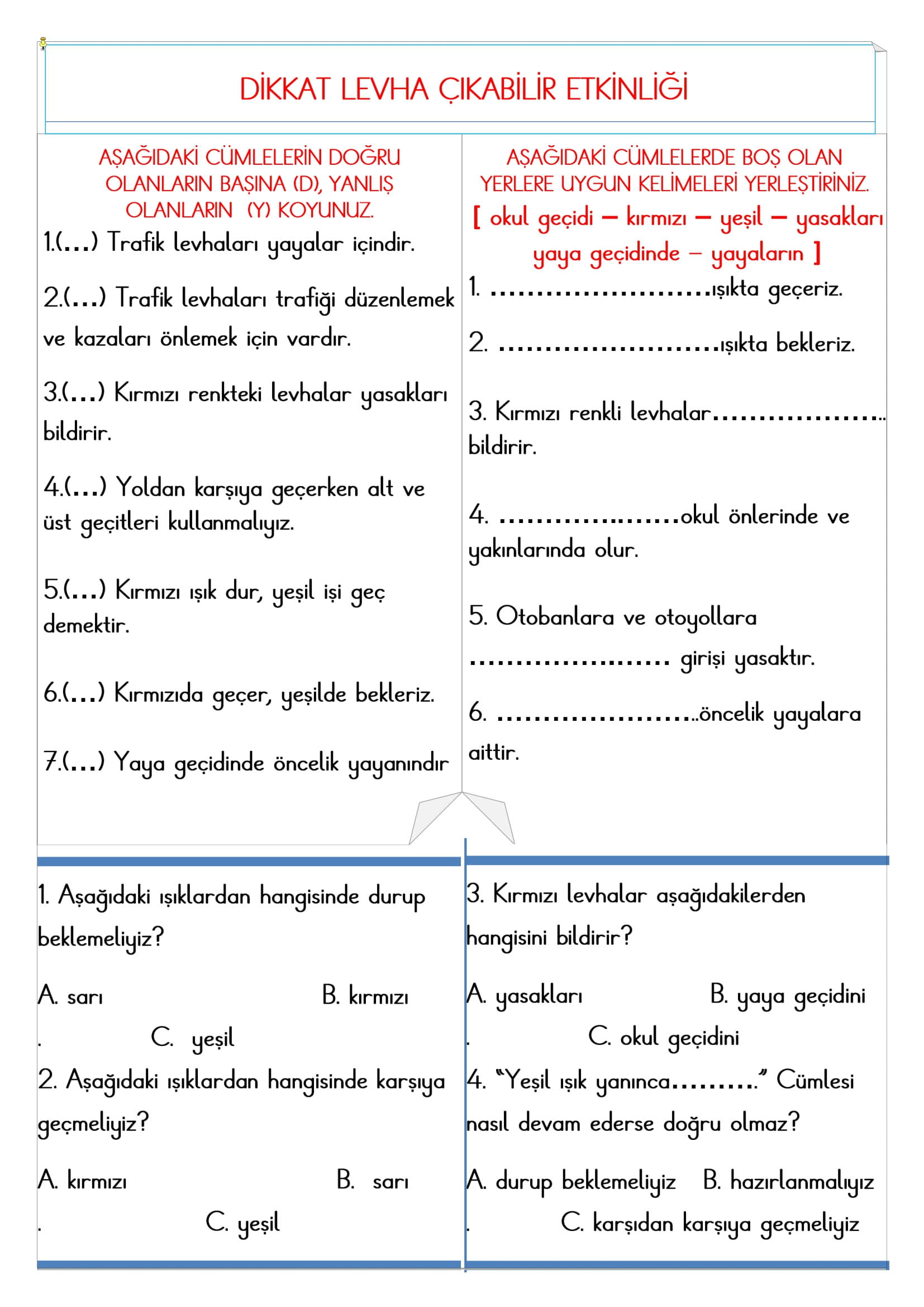 2. Sınıf - Hayat Bilgisi Dikkat, Levha Çıkabilir Etkinliği