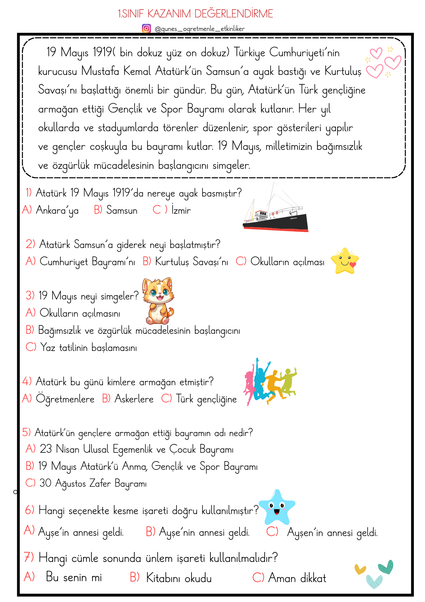 1. Sınıf Kazanım Değerlendirme 2