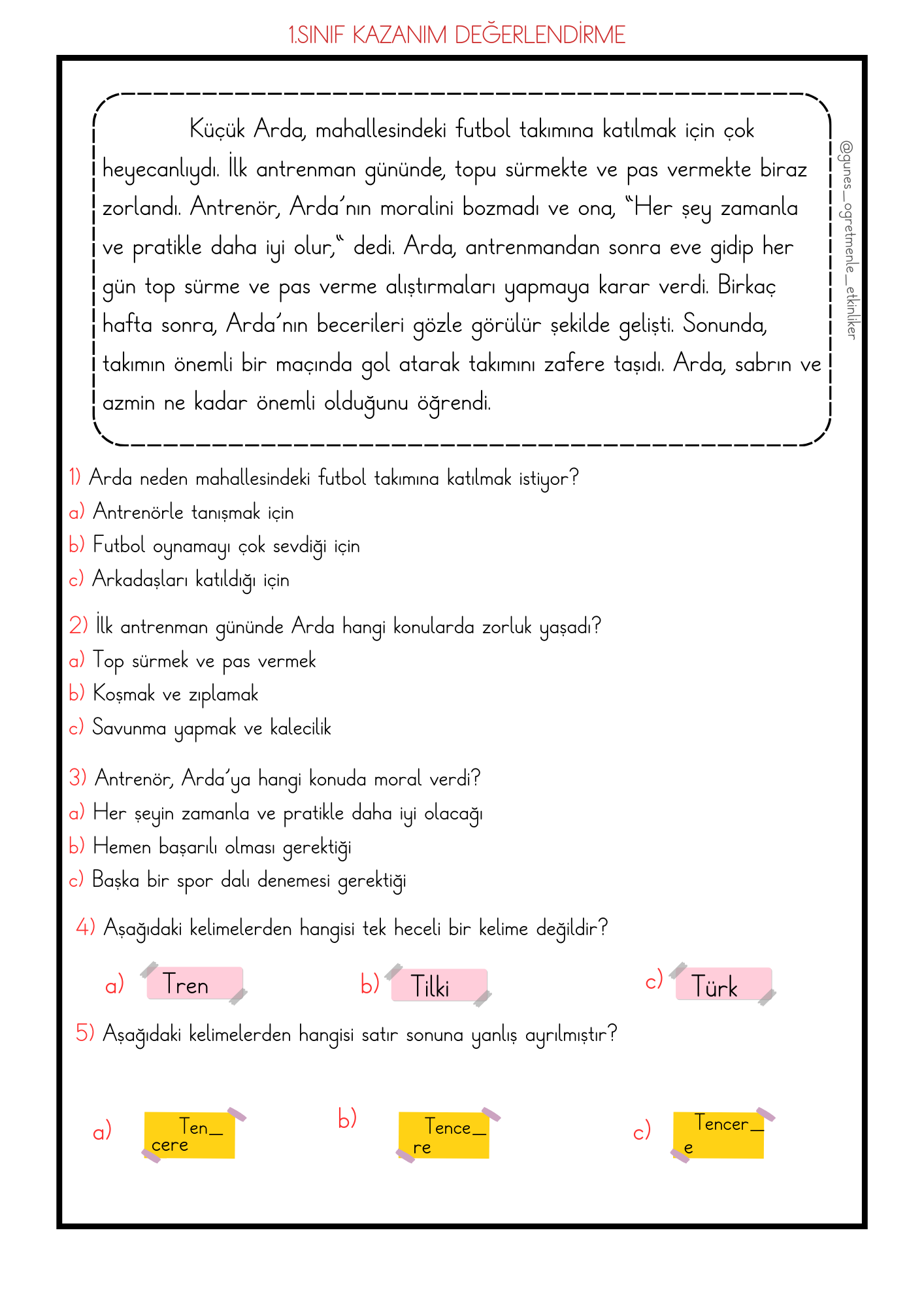 1. Sınıf Süreç Değerlendirme Sınavı