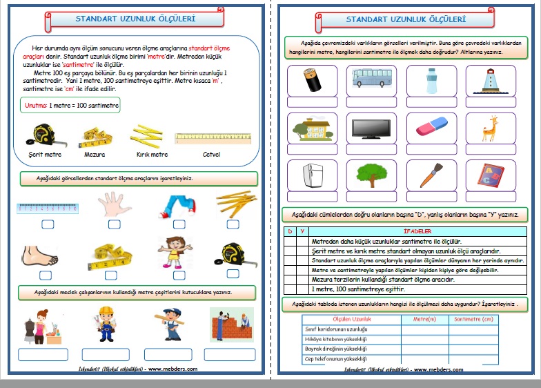 2. Sınıf Matematik Standart Uzunluk Ölçüleri Etkinlik Çalışması