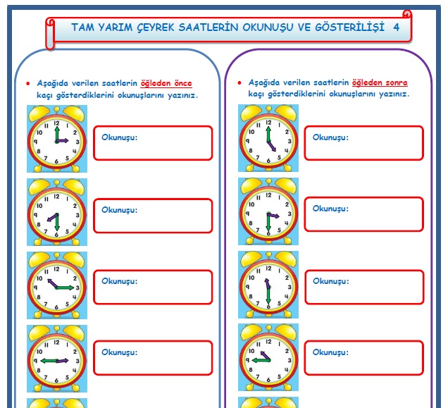 2. Sınıf Matematik Tam Yarım Çeyrek Saatlerin Okunuşu ve Gösterilişi 4