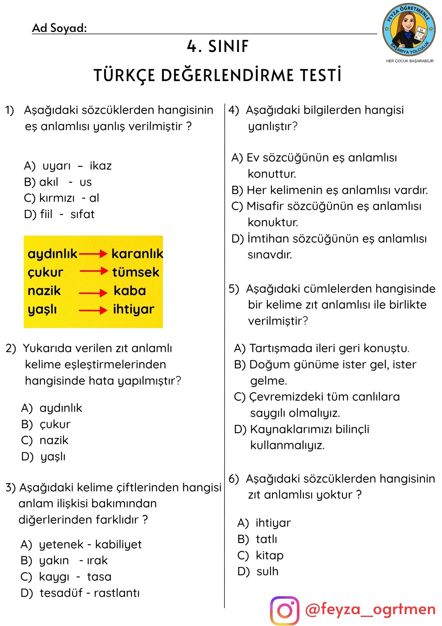 4. Sınıf 5. Hafta Türkçe- Matematik Değerlendirme Testi