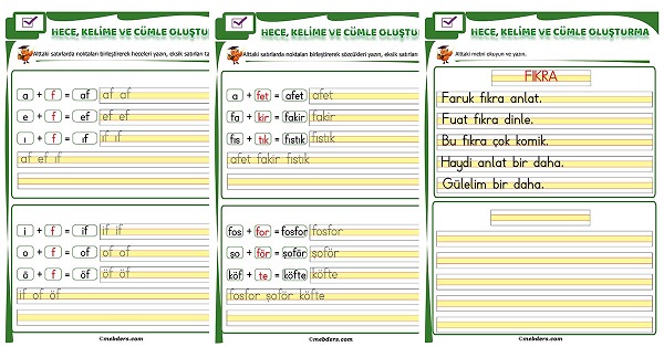1. Sınıf İlk Okuma F Sesi Birleştirme Etkinliği