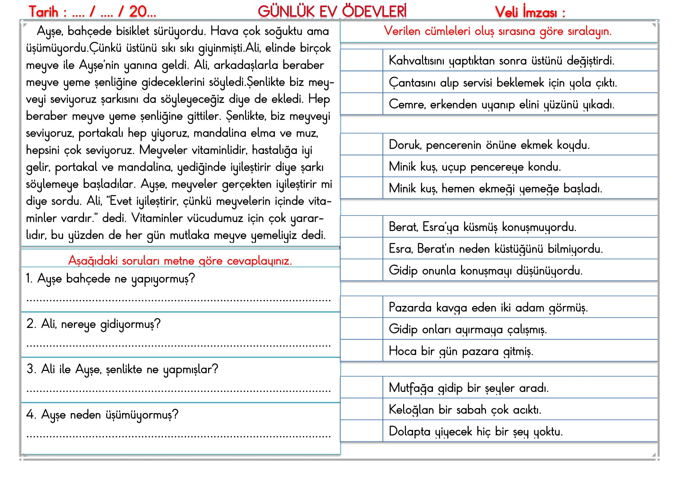 2. Sınıf - 16 Eylül 2025 Günlük Ev Ödevleri