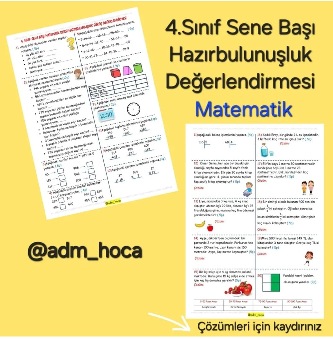 4. Sınıf - Matematik Sene Başı Değerlendirme