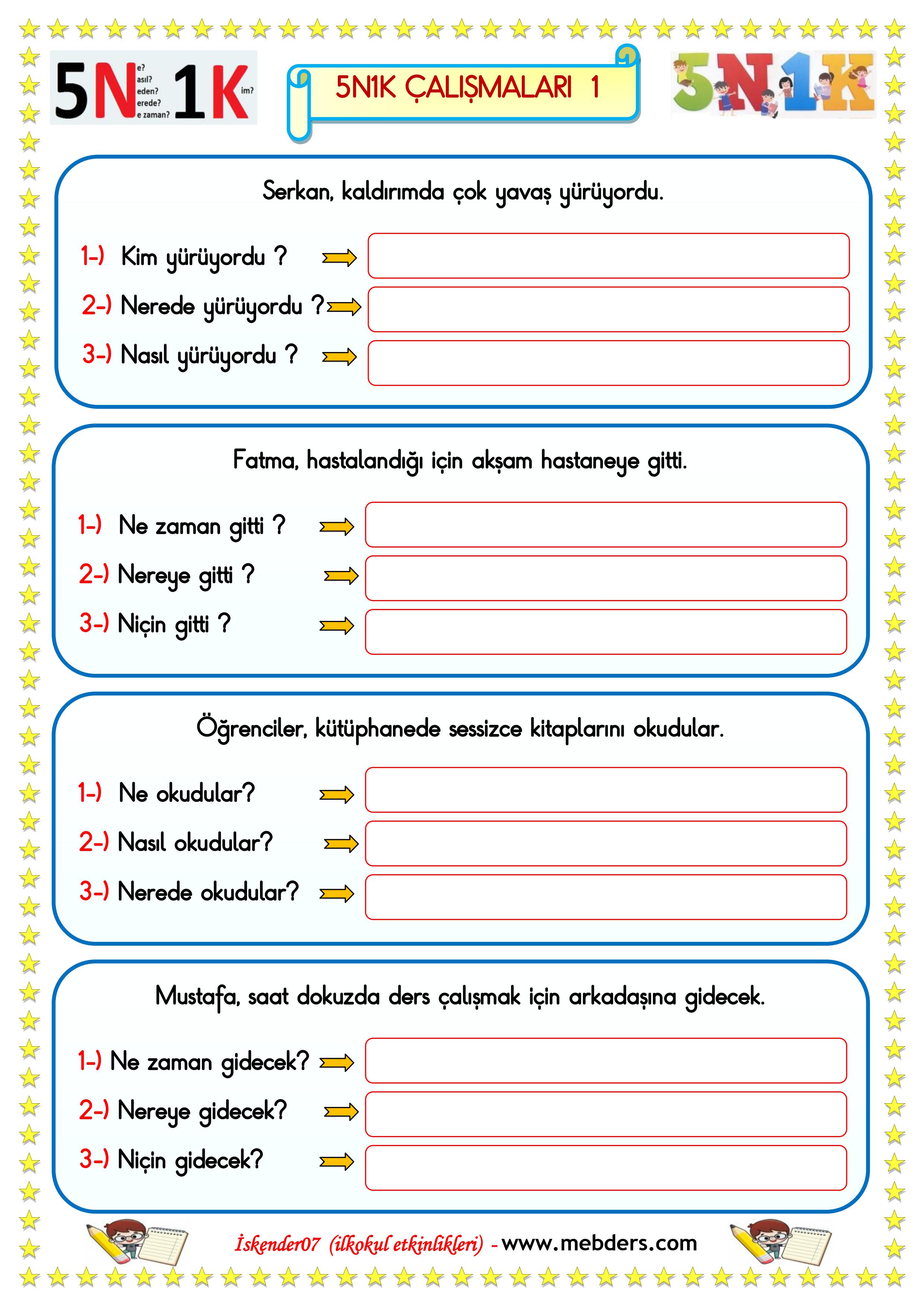 1. Sınıf Türkçe 5N1K Çalışması 1