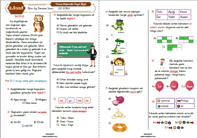 2. Sınıf Ekim Ayı Deneme Sınavı (Türkçe-Matematik-Hayat Bilgisi 30 Soru)