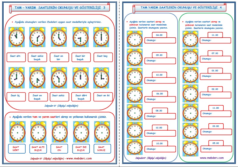 1. Sınıf Matematik Tam ve Yarım Saatlerin Okunuşu ve Gösterilişi 3-4 (2 Sayfa)