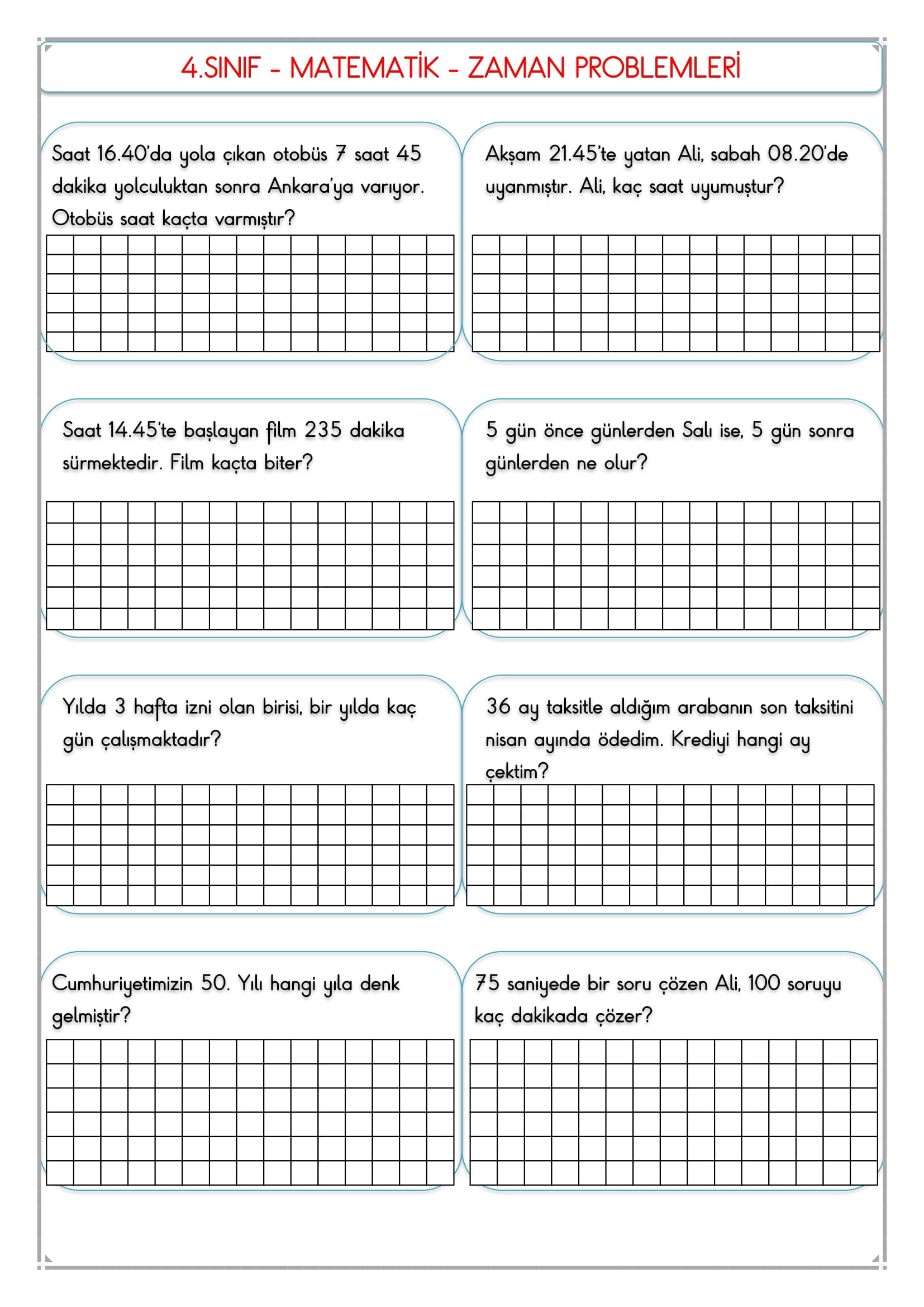 4. Sınıf - Matematik Zaman Problemleri-2