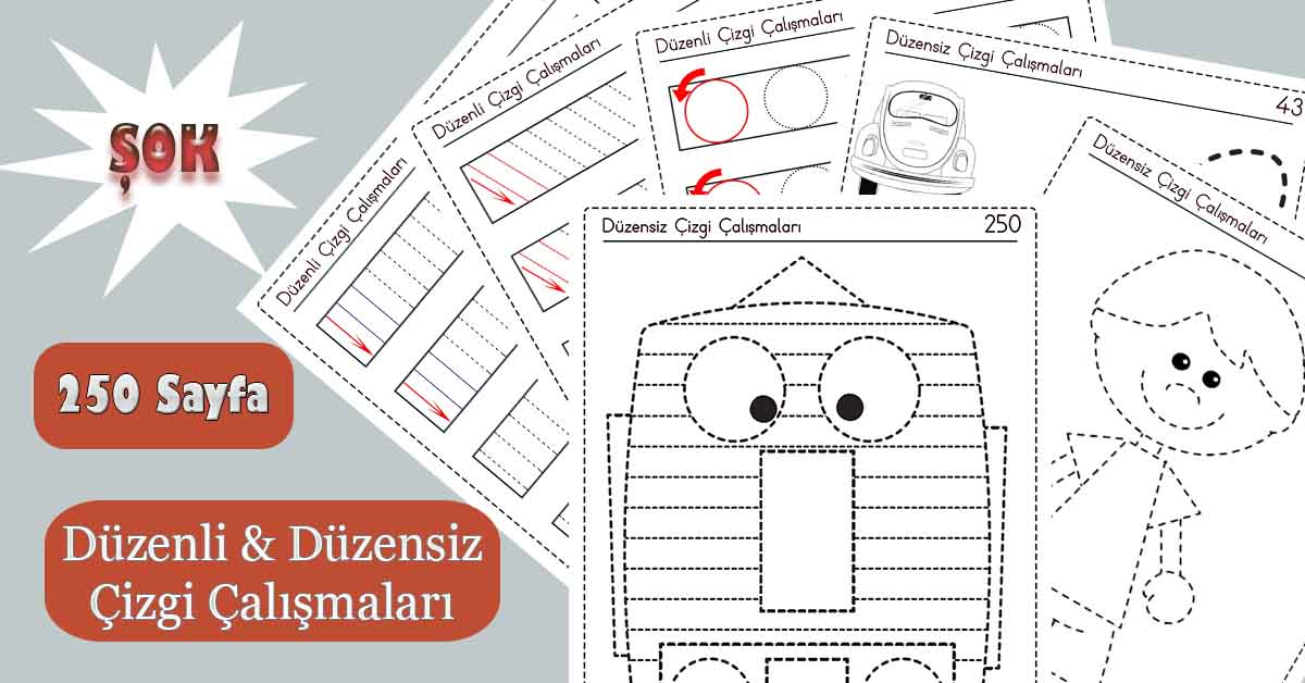 1. Sınıflar için 250 Sayfalık Düzenli Düzensiz Çizgi Çalışmaları