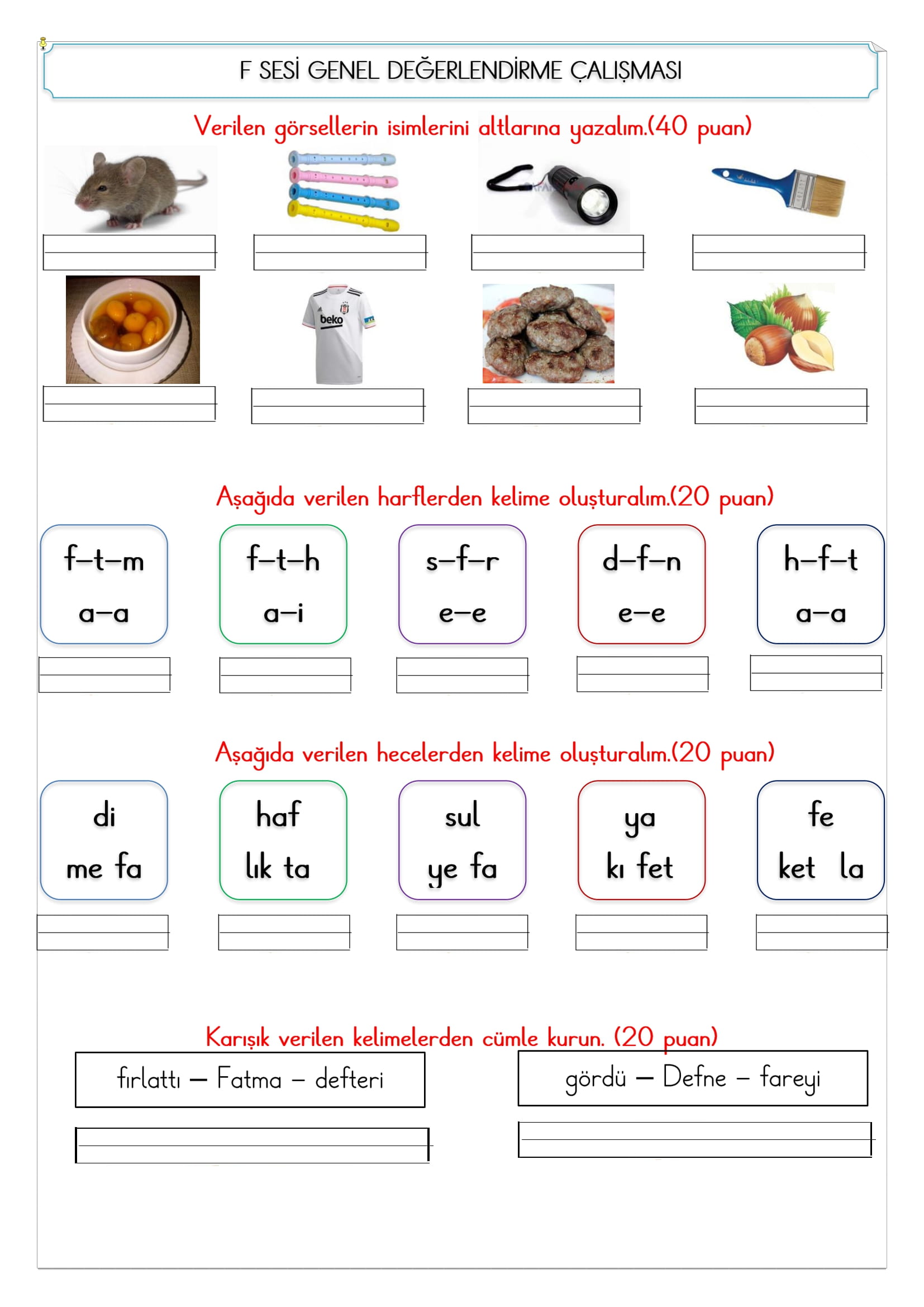 1. Sınıf İlk Okuma Yazma F Sesi Değerlendirme Çalışması 2