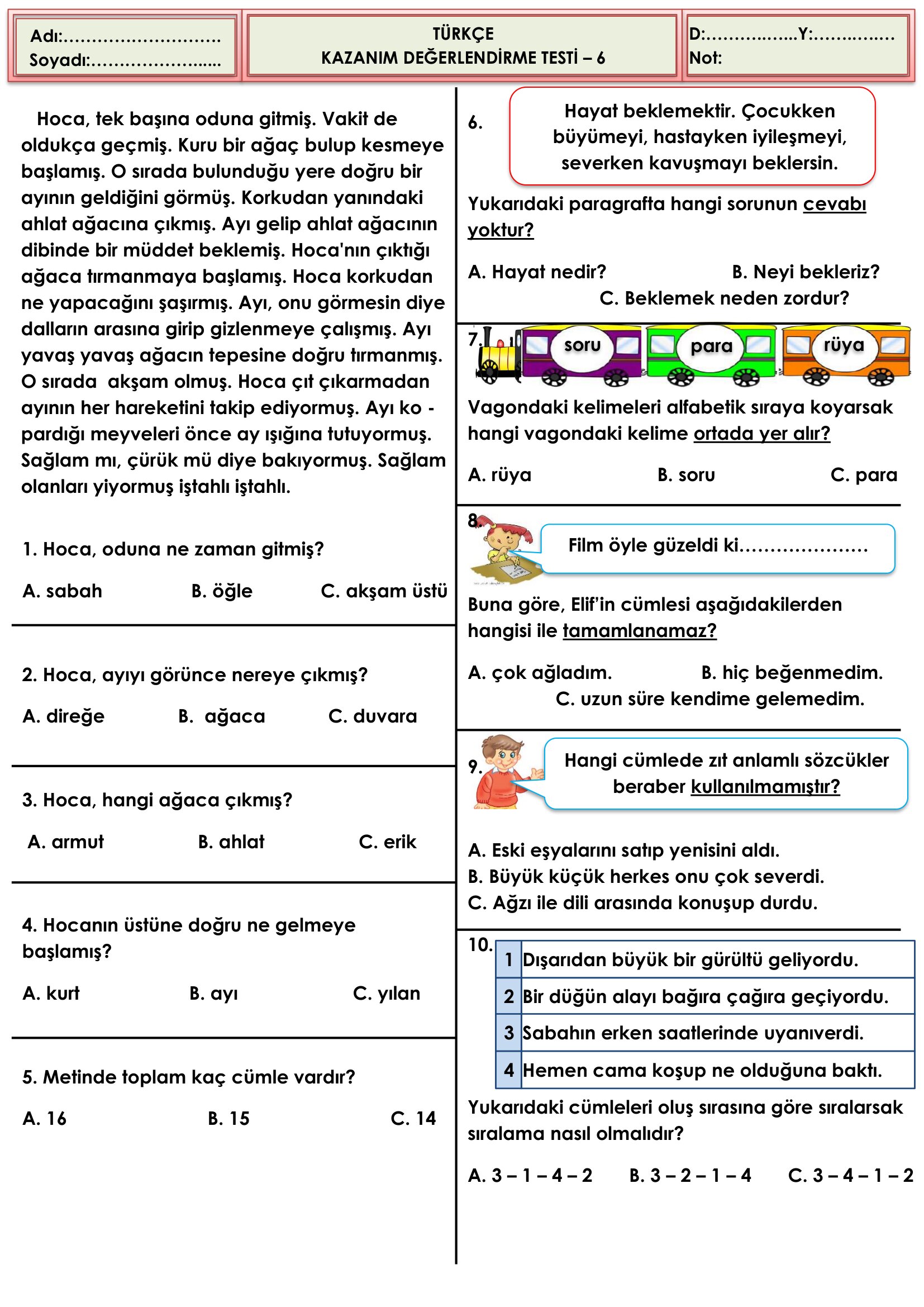 2. Sınıf Türkçe Seviye Belirleme Testi-7