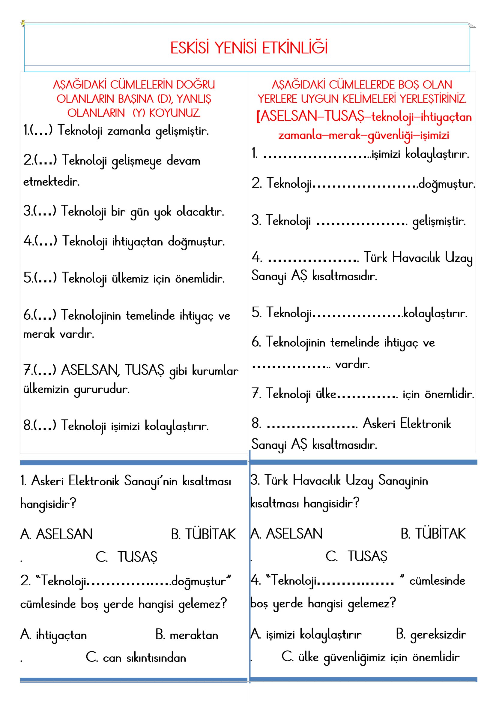 2. Sınıf - Hayat Bilgisi Eskisi Yenisi Etkinliği