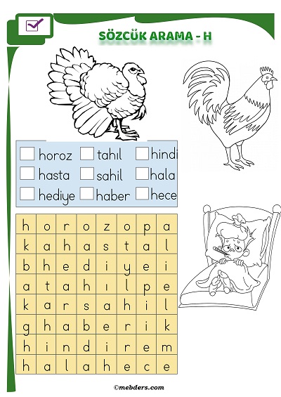 1. Sınıf İlkokuma Boyamalı Sözcük Arama Etkinliği - H Sesi
