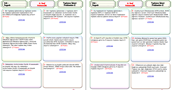 4. Sınıf Matematik Toplama İşlemi Problemleri-2