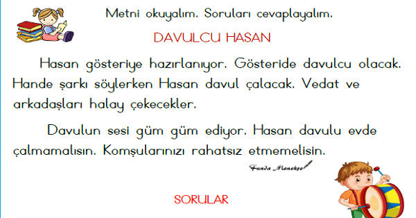 1. Sınıf Türkçe (Davulcu Hasan) Okuma Metni Etkinliği
