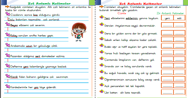 1. Sınıf Türkçe Zıt Anlamlı Kelimeler-8