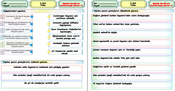 2. Sınıf Türkçe Büyük Harflerin Kullanıldığı Yerler Etkinliği -3