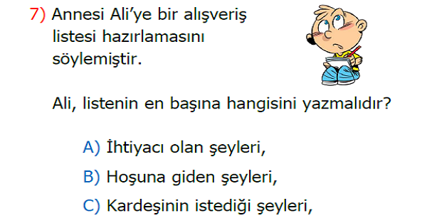 2. Sınıf Hayat Bilgisi İstek ve İhtiyaçlarım Kazanım Testi