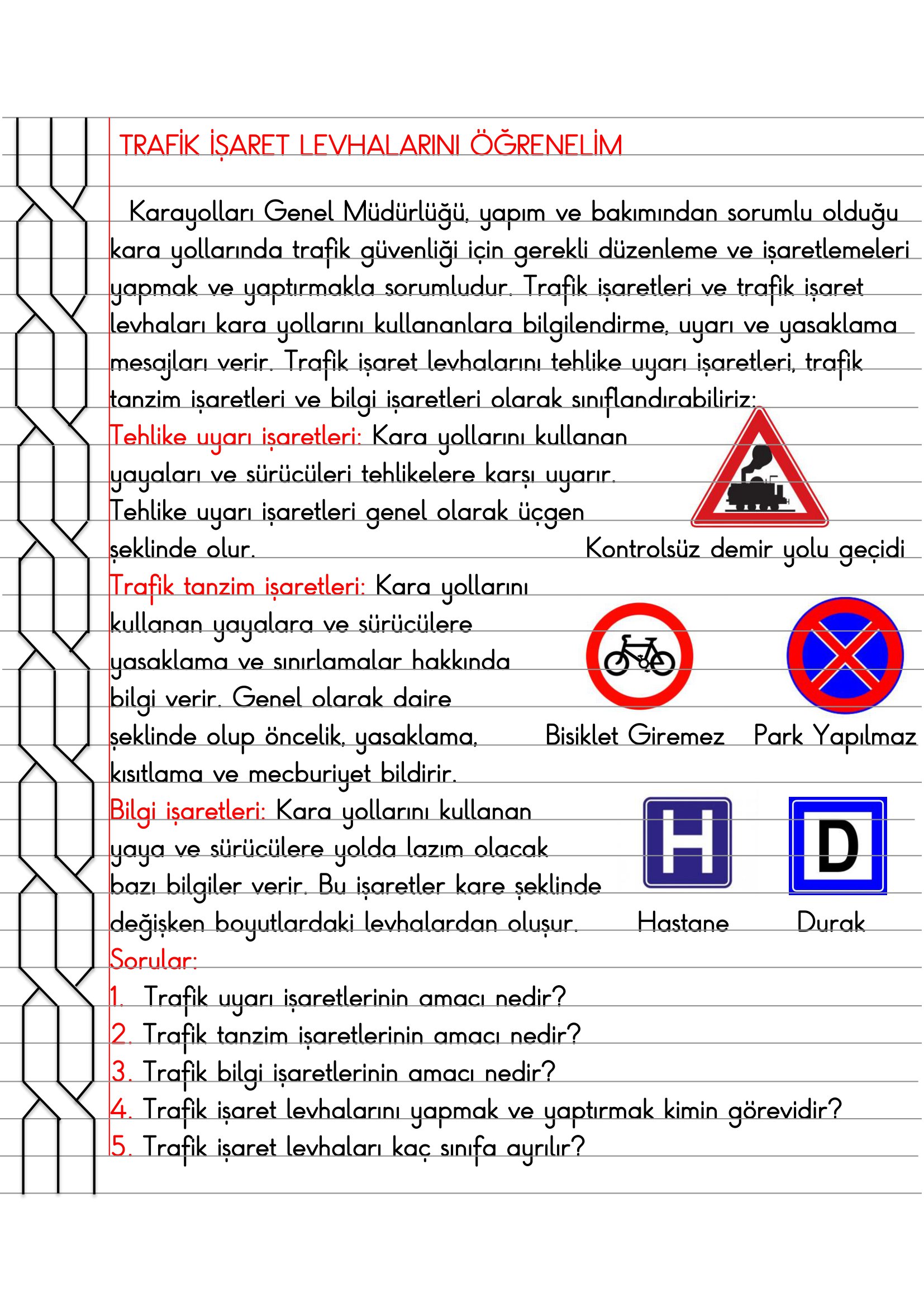 4. Sınıf Trafik Güvenliği Trafik İşaret Levhalarını Öğrenelim Defter Özeti