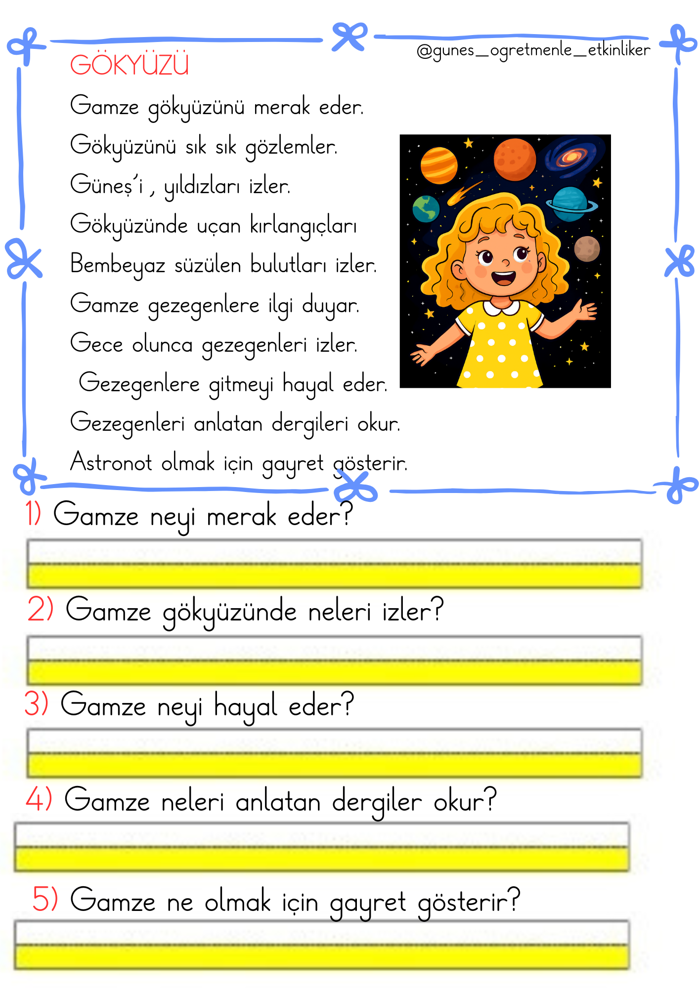 1. Sınıf İlk Okuma Yazma G Sesi Okuma Anlama Metinleri