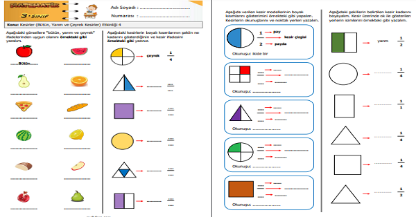 3. Sınıf Matematik Kesirler (Bütün, Yarım ve Çeyrek Kesirler) Etkinliği 4