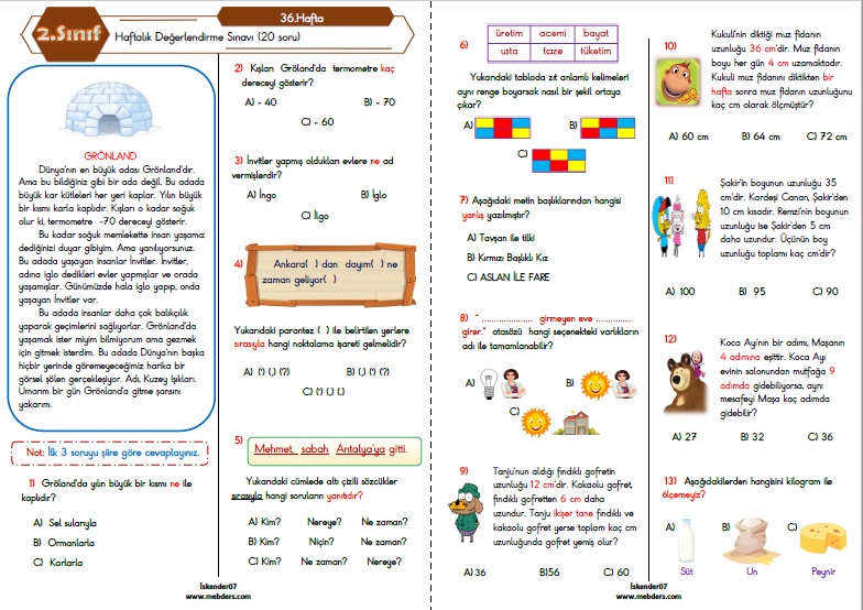 2. Sınıf Haftalık Değerlendirme Testi - 36.Hafta (06-10 Haziran)
