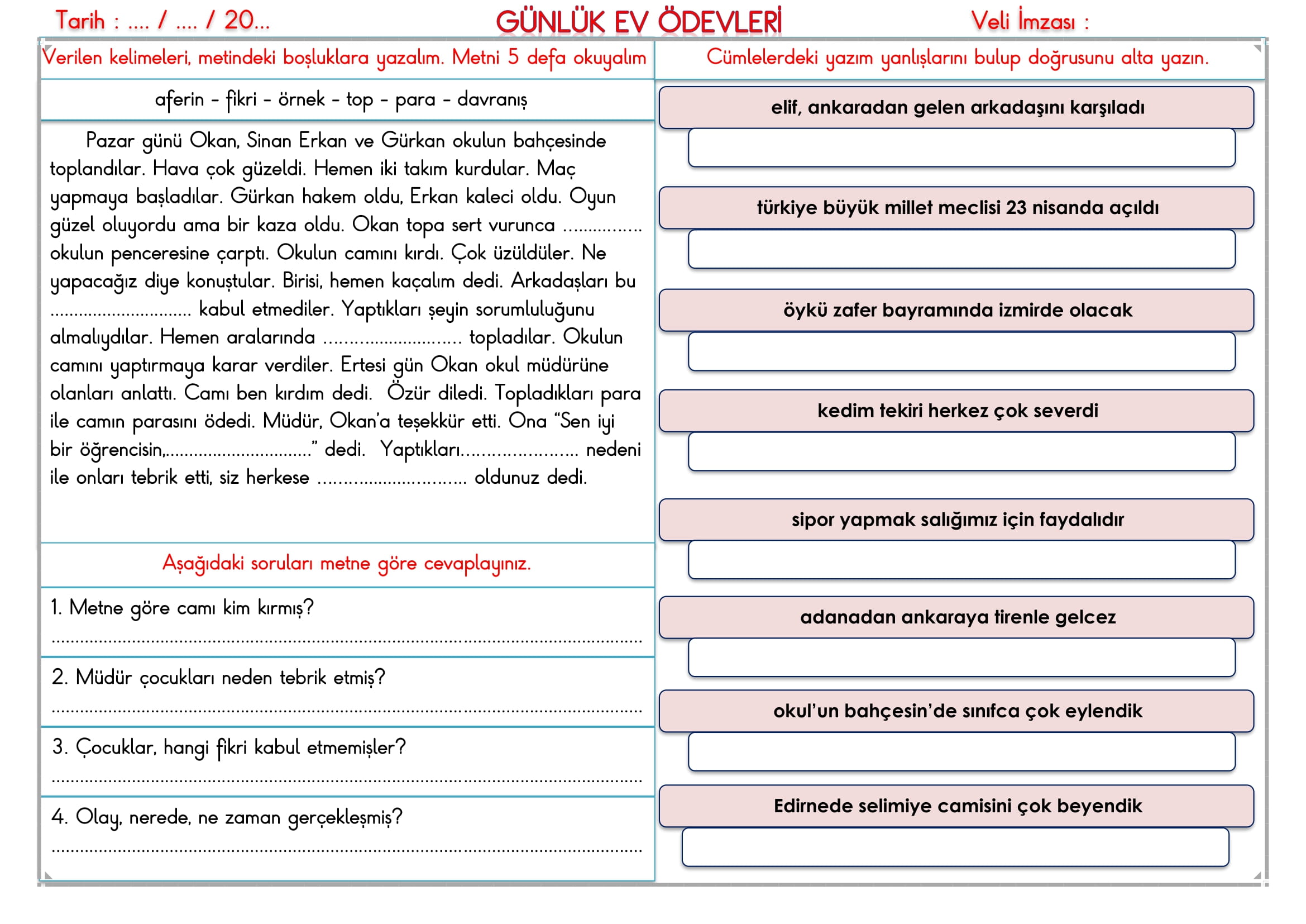 2. Sınıf - 04 Kasım 2025 Günlük Ev Ödevleri