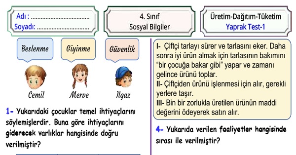 4. Sınıf Sosyal Bilgiler Üretimden Tüketime Yaprak Test 1