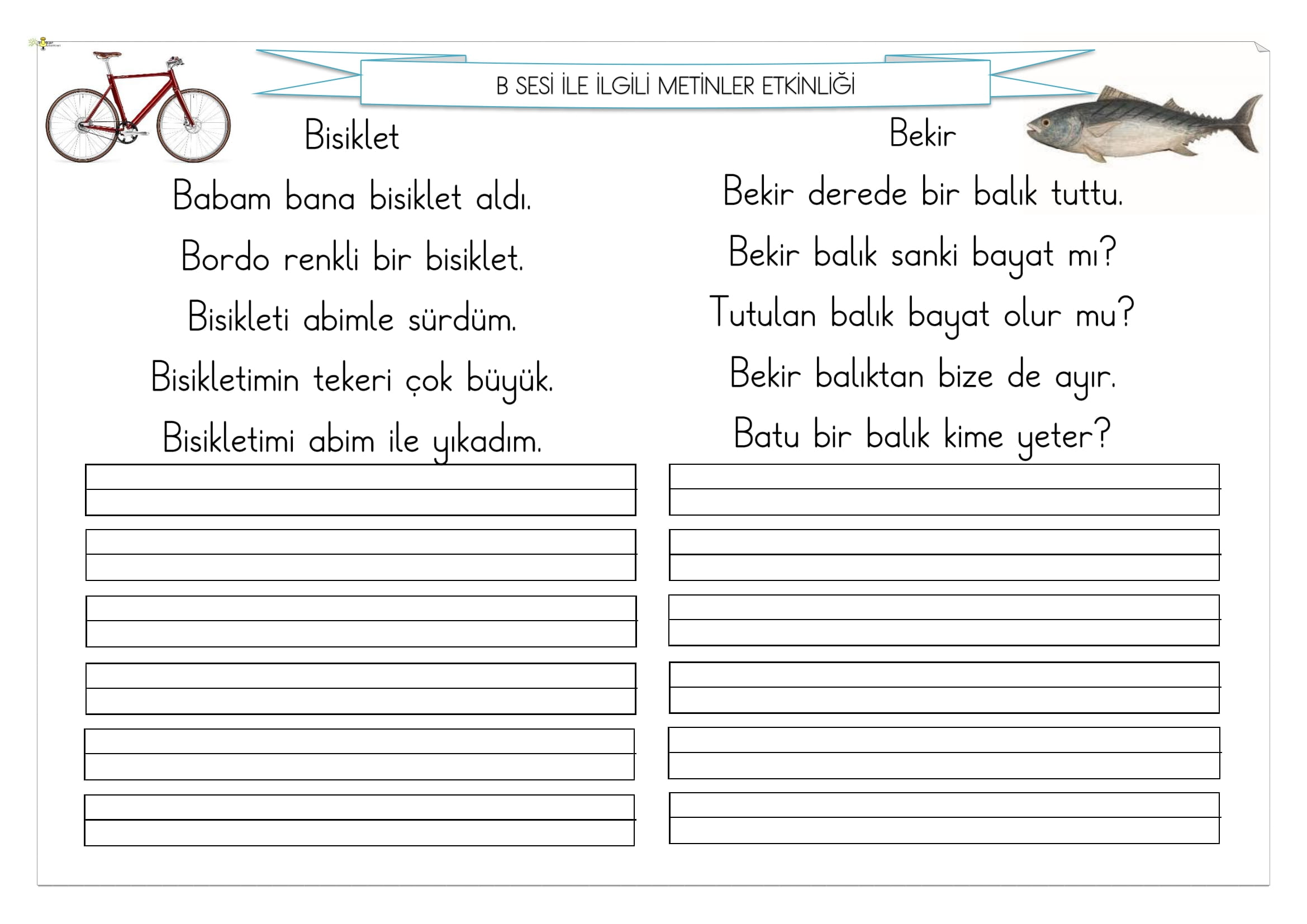 1. Sınıf İlk Okuma Yazma B Sesi Metinler Etkinliği