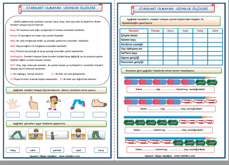 2. Sınıf Matematik Standart Olmayan Uzunluk Ölçüleri Etkinlik Çalışması