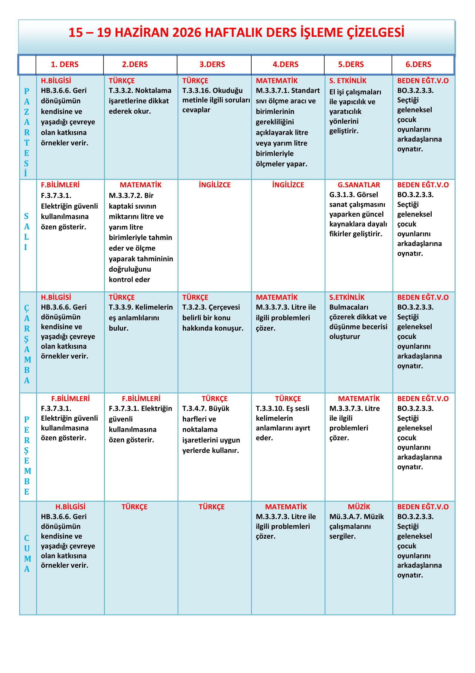 3. Sınıf 15 - 19 Haziran 2026 Haftalık Ders İşleme Çizelgesi.doc