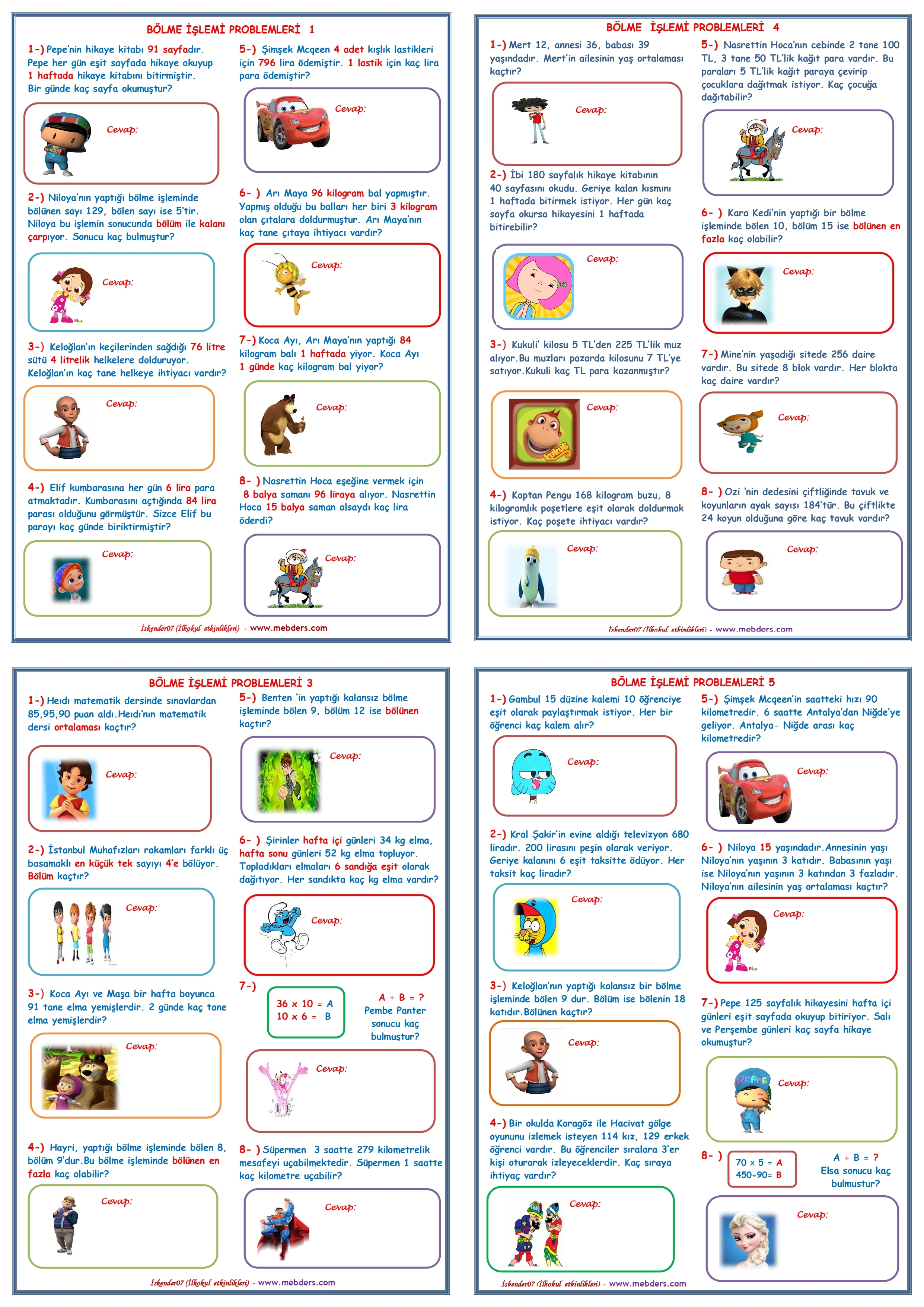 3. Sınıf Matematik Bölme İşlemi Problemleri (5 Sayfa - 40 Soru)