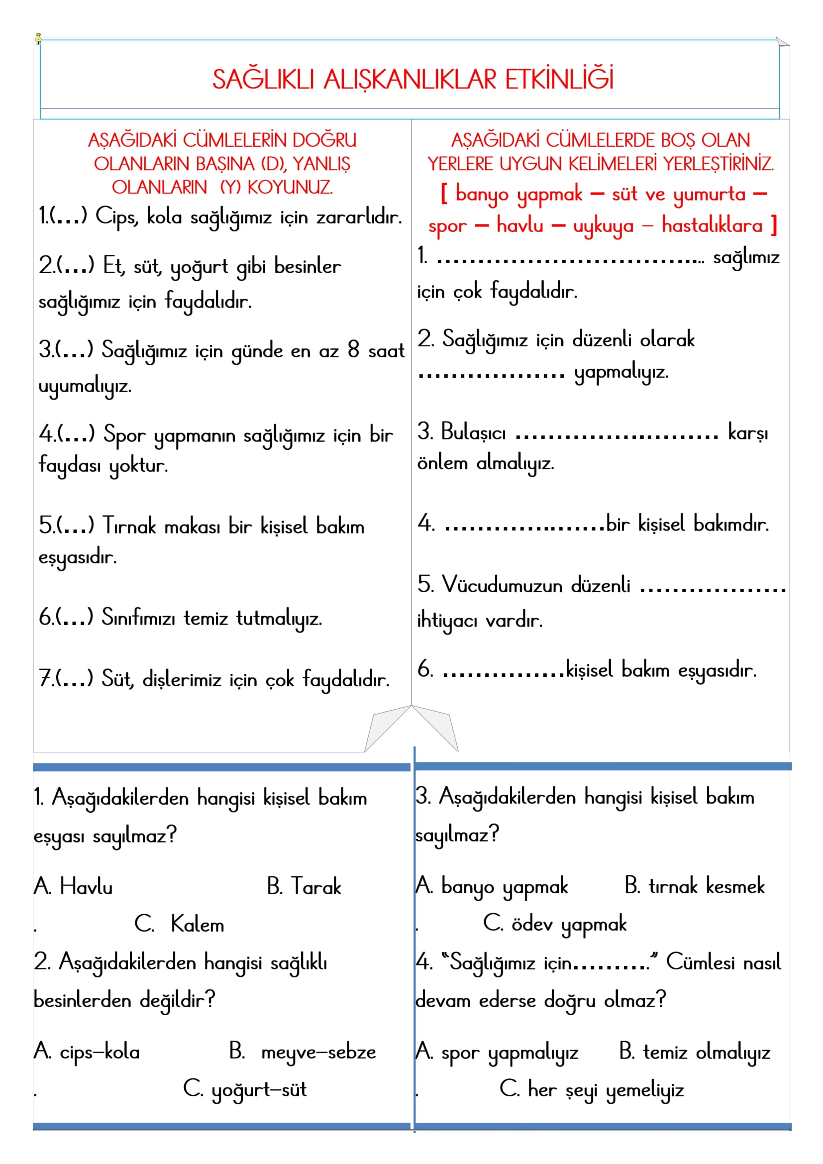 2. Sınıf - Hayat Bilgisi Sağlıklı Alışkanlıklar Etkinliği