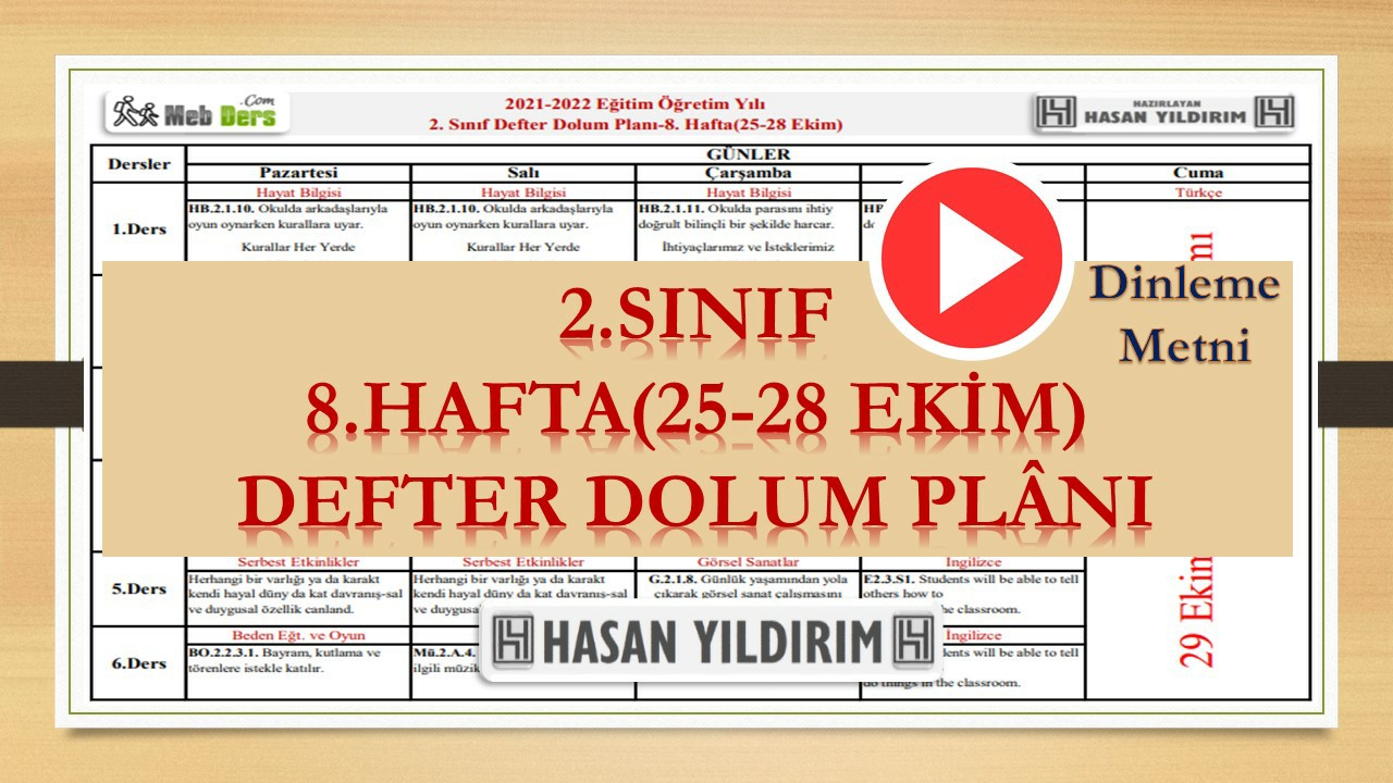 2. Sınıf 8.Hafta(25-28 Ekim) Defter Dolum Planı