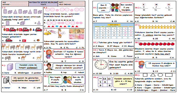 1. Sınıf -Matematik Seviye Belirleme Test-4