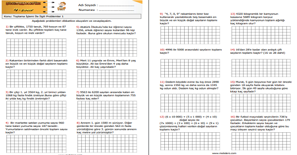 4. Sınıf Matematik Toplama İşlemi ile İlgili Problemler Etkinliği 3