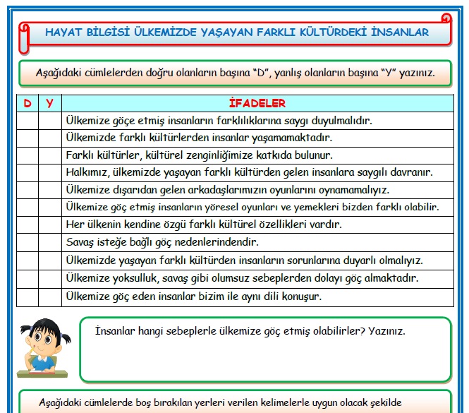 2. Sınıf Hayat Bilgisi Ülkemizde Yaşayan Farklı Kültürdeki İnsanlar Etkinlik Çalışması