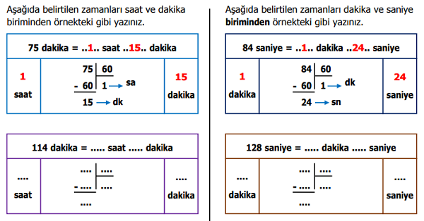 4. Sınıf Matematik Saat-Dakika, Dakika-Saniye Arasındaki Dönüştürmeler Etkinliği 4