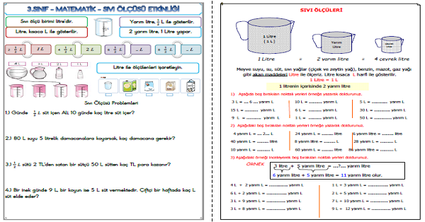 3. Sınıf Matematik Sıvı Ölçüleri Etkinlik Çalışmaları