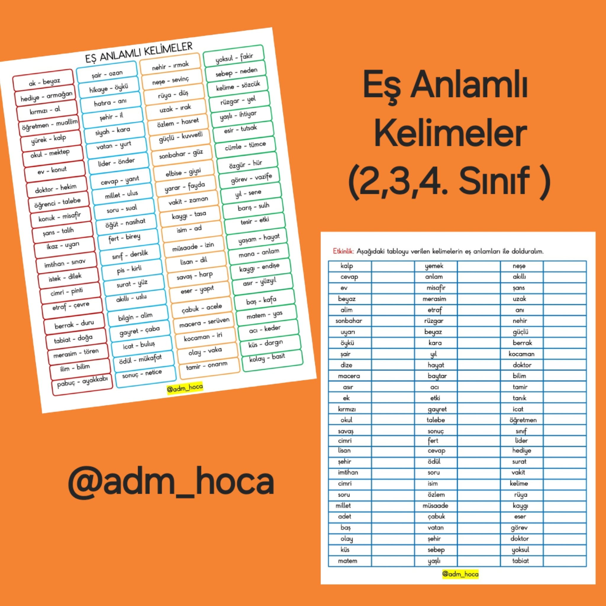 Eş Anlamlı Kelimeler - 2, 3ve 4. Sınıf
