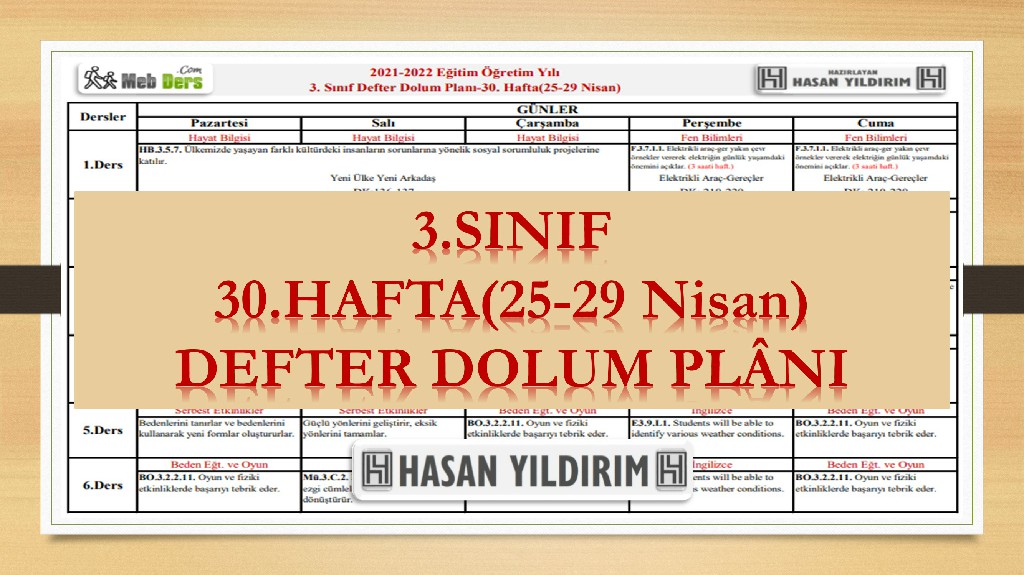 3. Sınıf 30.Hafta(25-29 Nisan) Defter Dolum Planı